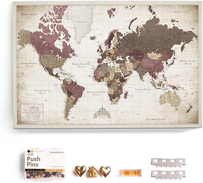 Canvas World Map with Cork Pin Board - English Lettering - Decorative Wall Decoration for All Rooms - Canvas Pictures with World Map Motif (70x50 cm, Pattern 23)
