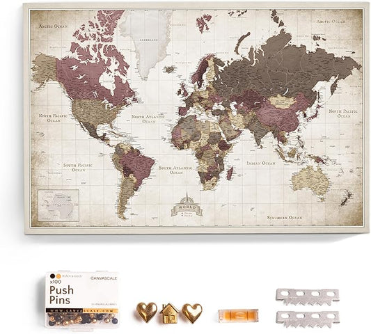 Canvas World Map with Cork Pin Board - English Lettering - Decorative Wall Decoration for All Rooms - Canvas Pictures with World Map Motif (70x50 cm, Pattern 23)
