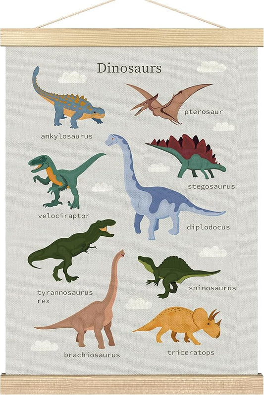 BCUANGD Dinosaurs Dino Wall Decor - Toddler Baby Boys Room Wall Art Poster Hanger with Wood Frames, Inspirational Animals Wall Hanging Canvas Decor for Kids Room Nursery Bedroom, 12x16 Inches