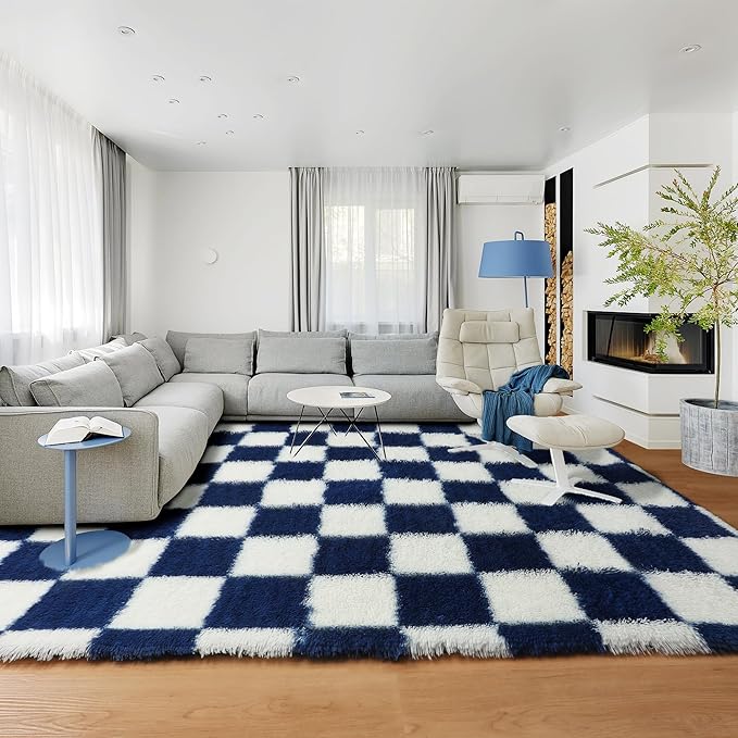 KICMOR 8x10 Area Rugs for Living Room, Large Fluffy Soft Checkered Shag Shaggy Bedroom Carpet, Navy Blue and Cream White Big Fuzzy Plush Rug for Kids Boys Girls Dorm Nursery Home Decor Aesthetic