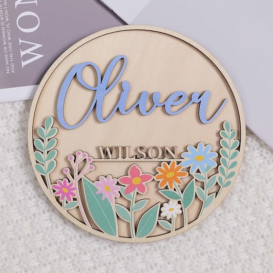 Personalized Birth Announcement Sign for Hospital, UV Printed Wooden Floral Baby Name Sign, Newborn Announcement Sign Disc (Design 02)