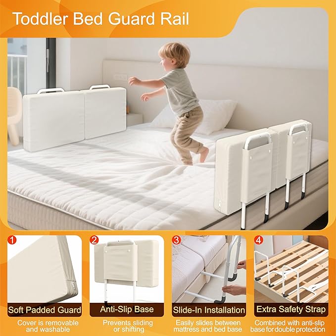 Bed Rail for Toddlers, Adjustable Baby Bed Rail Guard for Twin and Full Size Beds, Bed Safety Rails for Children with Non-Slip Base, Removable Washable Cover, Easy Installation (2 Pack)