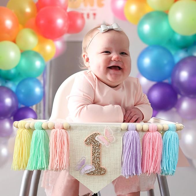 Handmade Macaron 1st Birthday High Chair Banner with Butterflies First Highchair Banner For Baby Girls 1 Birthday Party Decorations Wood Bead Tassel Garland Princess Boho Butterfly Colorful Photo Props