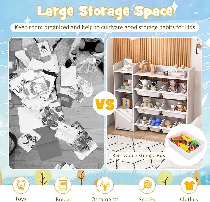 Costzon Kids Toy Storage Organizer, 4-Tier Bookshelf Storage Cabinet w/8 Removable Bins, Preschool Children's Montessori Bookshelf w/Large Cabinet for Playroom, Daycare, Kids Room, Classroom