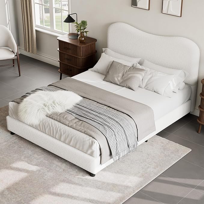 Senfot White Boucle Bed Frame with Upholstered Headboard, Soft Low Profile Sturdy Platform Bed with Rounded Corners Design, Heavy Duty, Wooden Slats, Noise Free, No Box Spring Needed, Full Size