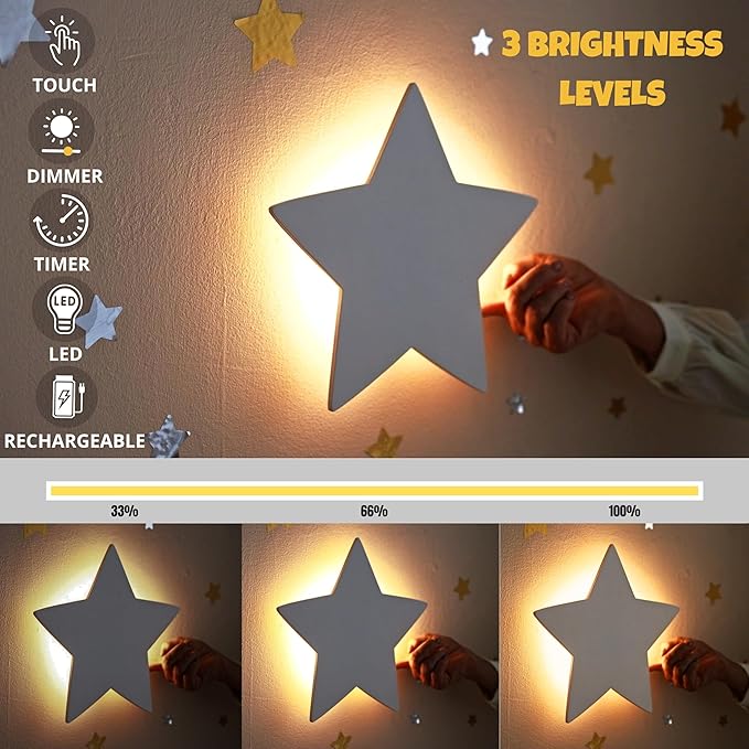 Nursery Night Light – Dimmable Star Wall Light for Newborns & Toddlers Nursery Decor – Rechargeable LED Light with Touch Control for Kids' Safety (Moon & Stars Decals Included)