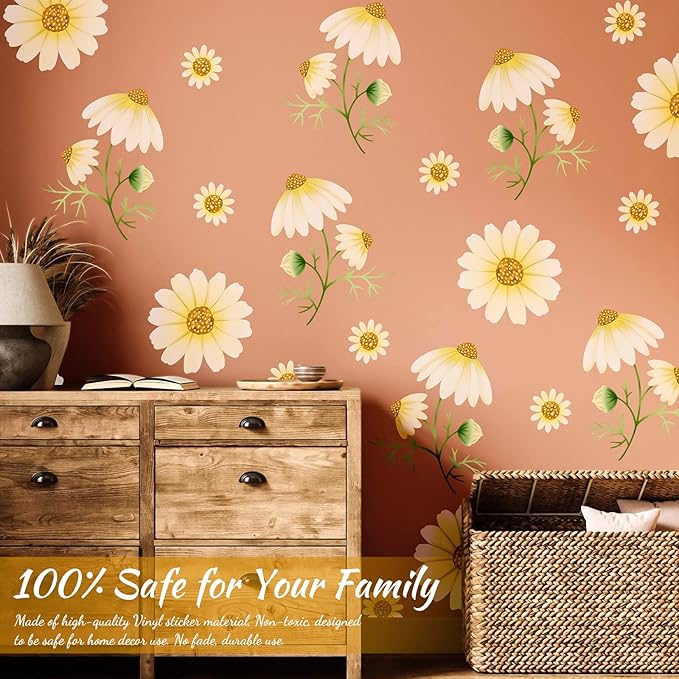 Daisy Flowers Wall Decals Peel and Stick, Vinyl Watercolor Yellow Daisy Floral Wall Stickers Removable, Retro Wall Decor for Nursery Baby Toddler Room Kids Girls Bedroom Playroom