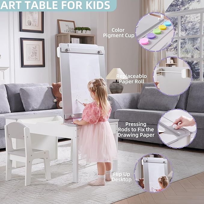 Kids Art Table and Art Easel Table & 2 Chair Set, 2 in 1 Toddler Craft and Play Wood Activity Table with Storage Bins and Paper Roll (Grey & White)