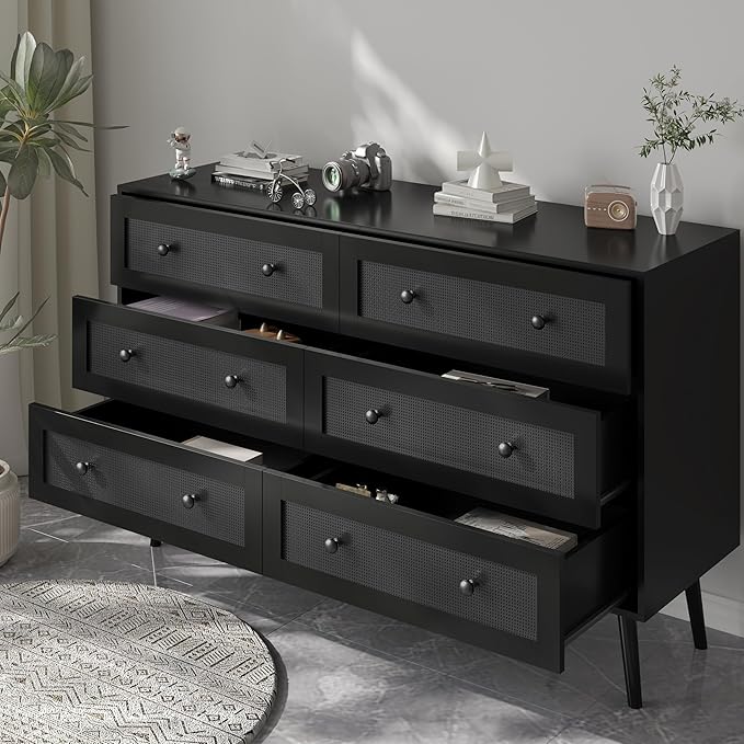 6 Drawer Dresser for Bedroom, 47.3" Rattan Chest of Drawers with Wooden Knobs, Natural Wood Dresser for Closet TV Stand Storage Organizer for Bedroom, Hallway, Office, Black