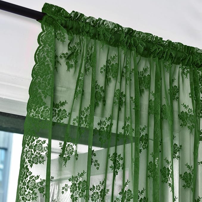 Kotile 84 Inch Dark Green Lace Curtains 2 Panels Set Country Rustic Floral Vintage Emerald Green Sheer Curtains for Living Room, Rod Pocket Privacy Forest Hunter Green Window Drapes, Each 42 x 84 Inch