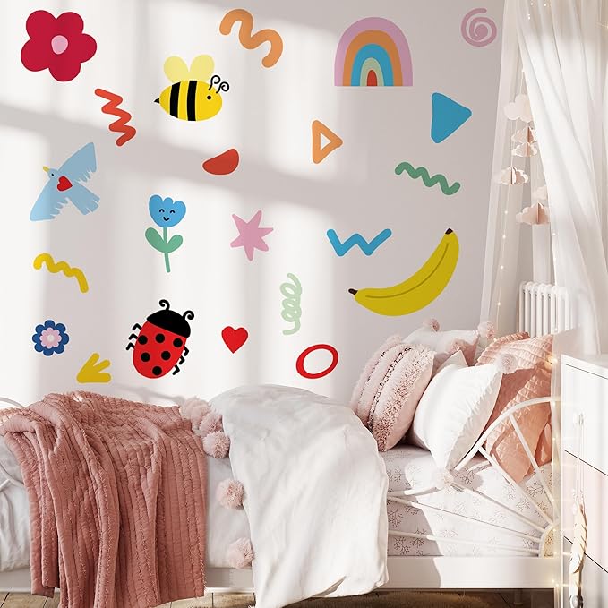 Insect Fruit Wall Decals,Watercolor Doodle Wall Stickers Decor,Peel and Stick Rainbow Flowers, Bees,Fruit Decals for Kids Bedroom Nursery Playroom Living Room and Bedroom Decoration