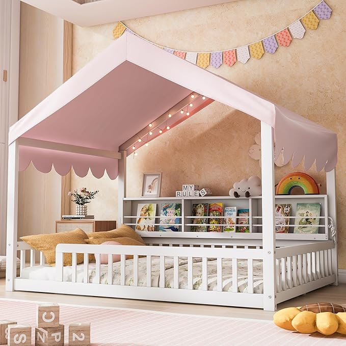 Merax Full Size Montessori Floor Bed for Kids Toddler, House Shaped Kids Full Bed Frame with Safety Guardrail, Curtain & Lights, Side Storage Bookshelves, Solid Wood Slats, Easy Assembly, Pink