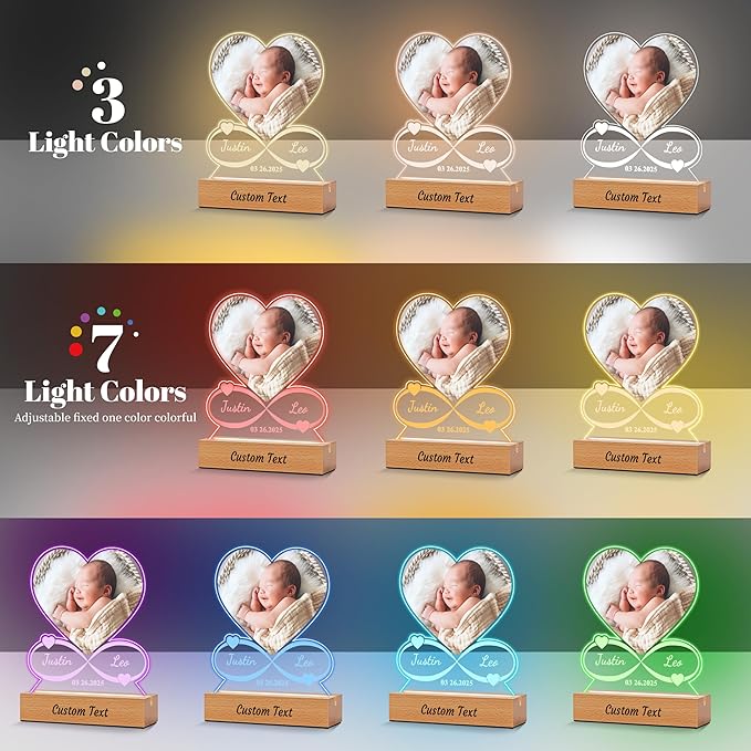 Personalized Baby Gifts for Kids, Custom Acrylic Plaque Picture Frame with Name Night Light for Boys Girls, Perfect Birthday Newbown Baby Shower Gifts, Children's Nursery Room Decor