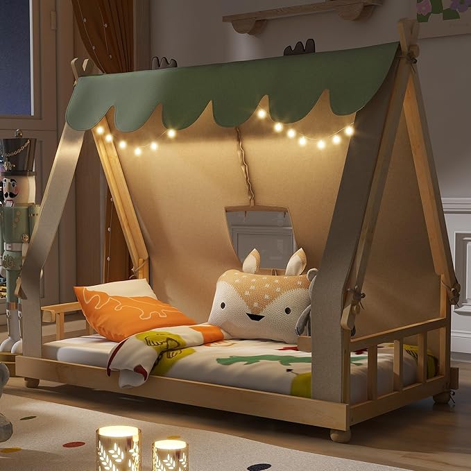 Twin Size Floor Bed with Tent and Light, Wooden Montessori Bed Frame with Roof Design, Low Profile Beds for Kids, Boys and Girls, White