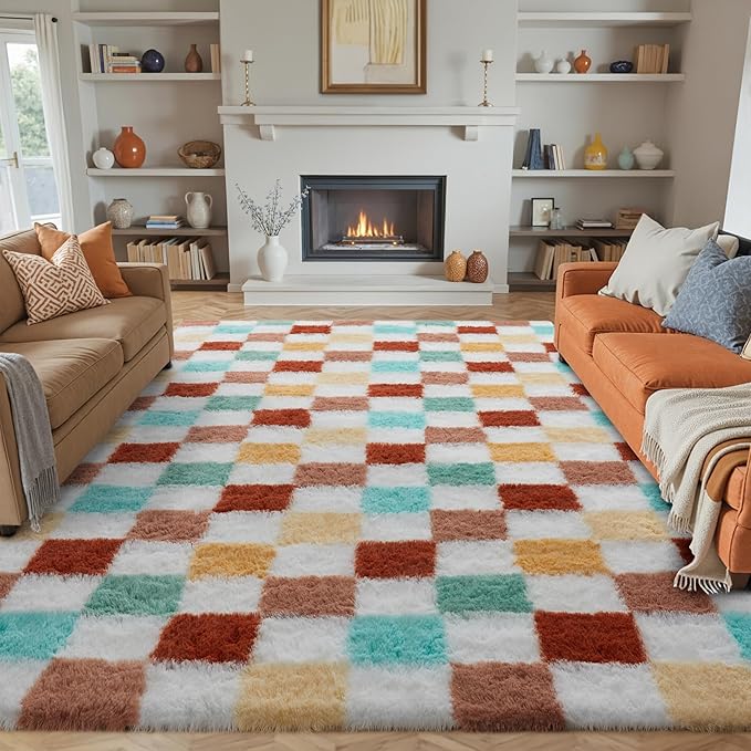 Checkered Rug 8x10 for Living Room, Colorful Modern Shag Rug Washable Non-Slip Large Area Rug Super Soft Indoor Fuzzy Carpet Fluffy Rugs for Bedroom Home Aesthetic Decor