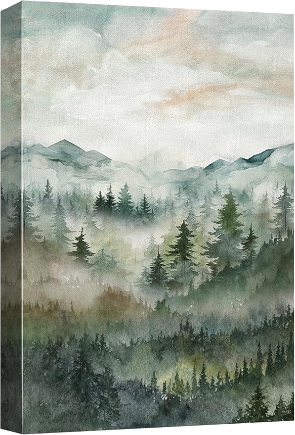 SIGNWIN Canvas Print Wall Art Misty Forest Landscape Watercolor Serene Mountain Pine Trees in Fog Illustrations Modern Art Decorative Landscape for Living Room, Bedroom, Office - 12"x18"