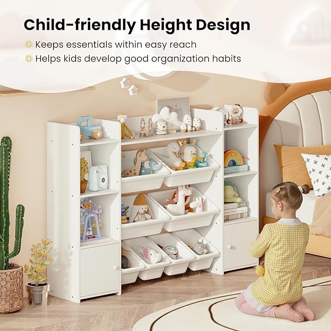 Costzon 56'' Kids Toy Storage Organizer with 8 Removable Bins, 4-Tier Toddler Bookshelf Cubbies, Preschool Children's Montessori Bookshelf w/6 Large Cabinet for Playroom, Daycare, Kids Room, Classroom