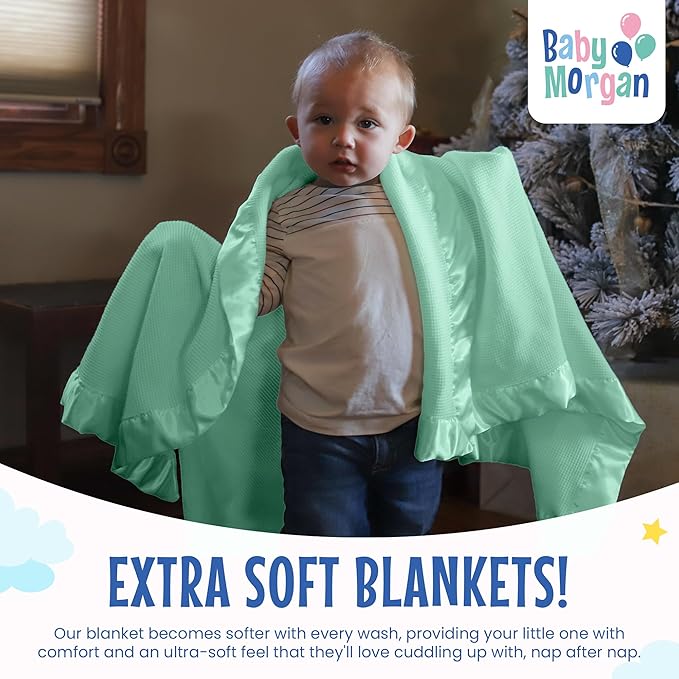 Blankets Thermal Waffle Baby Blanket Crib Bedding - Soft Cozy Warm Infant Thermal Cover for Nursery Stroller or Bassinet, Lightweight Ideal Shower Gift, Satin Trim Mint Green 36" x 50"