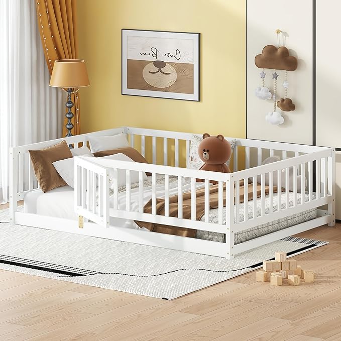 Full Size Floor Bed Frame with Door and Slats,Montessori Floor Bed with Safety Guardrails for Girls Boys,Solid Wood Kids Montessori Bed Full Size,White