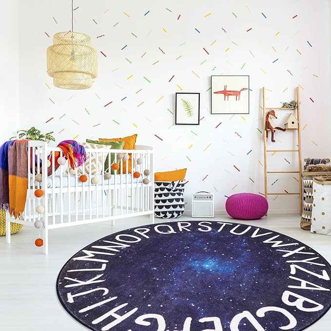 LIVEBOX Kids Play Room Round Rug for Bedroom, ABC Washable Rug for Classroom, Large Circle Rug for Playroom,Galaxy ABC Rugs Educational Learning Carpet for Classroom Dorm(71",Star Blue)