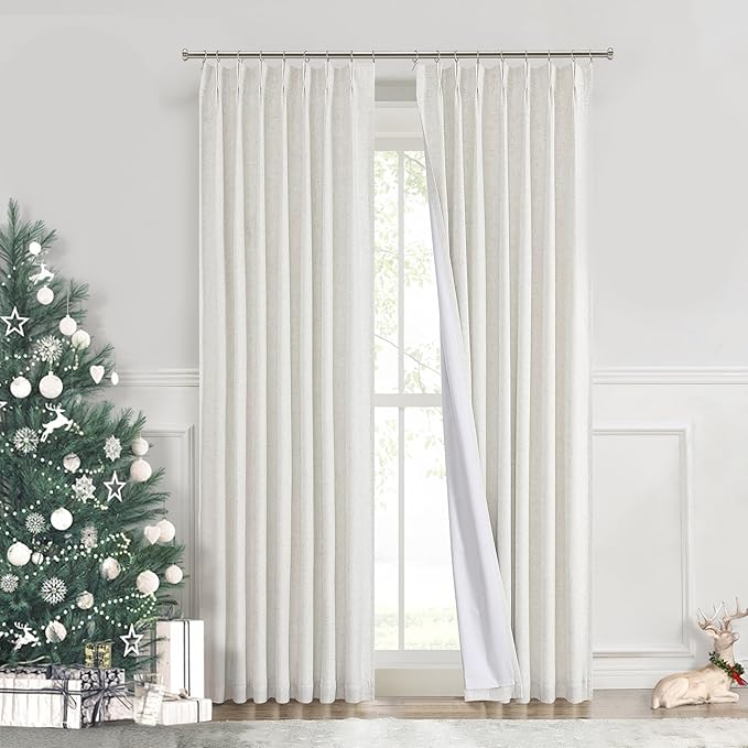 Central Park Pinch Pleat Full Blackout Curtain Panel Linen Texture Thermal Insulated Drapery with Full Blackout Liner for Farmhouse Bedroom Window Treatment Sets with Hooks, Natural, 40"x108"x2