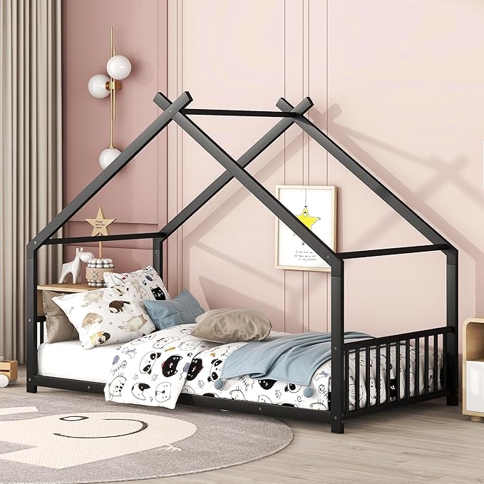Twin Size House Shaped Montessori Platform Beds, Wood Floor Bed Frame with Roof and Fence Deisgn, Kids Double Toddler Bed for Children Boys Girls, Easy Assemble, No Box Spring Needed, Black