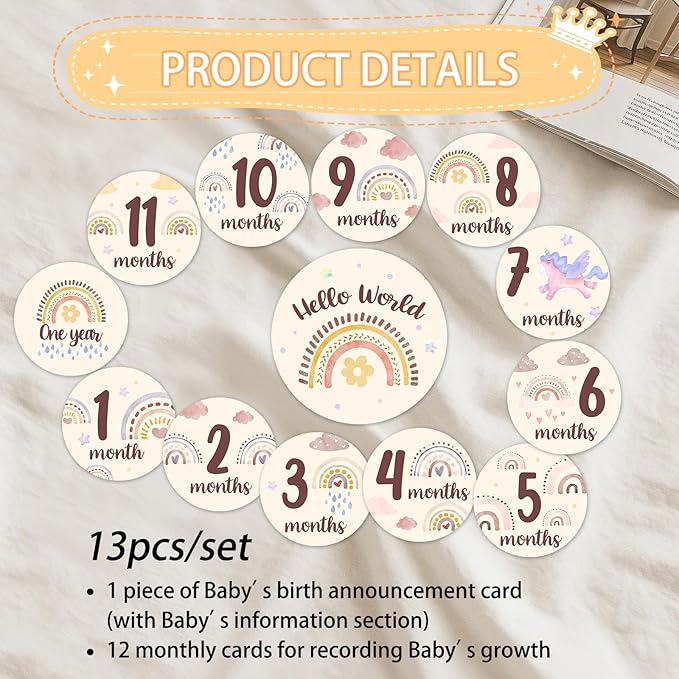 Baby Monthly Milestone Cards Sign - Double Sided Wooden Milestone Cards with Rainbow Design, Wooden Circles Discs for Photo Props Birth Announcement Board, Baby Shower/Gift Newborn Sign Set(13pcs)
