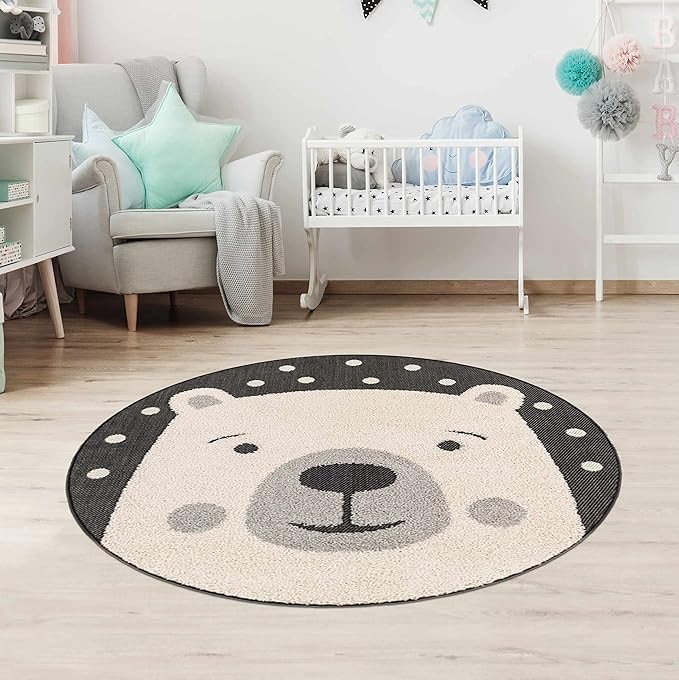 Hauteloom Kids Room, Nursery Round Area Rug - Outdoor Patio Safe - Animal Bear Playroom Carpet - Beige, Gray, Black, Cream - 3'11"