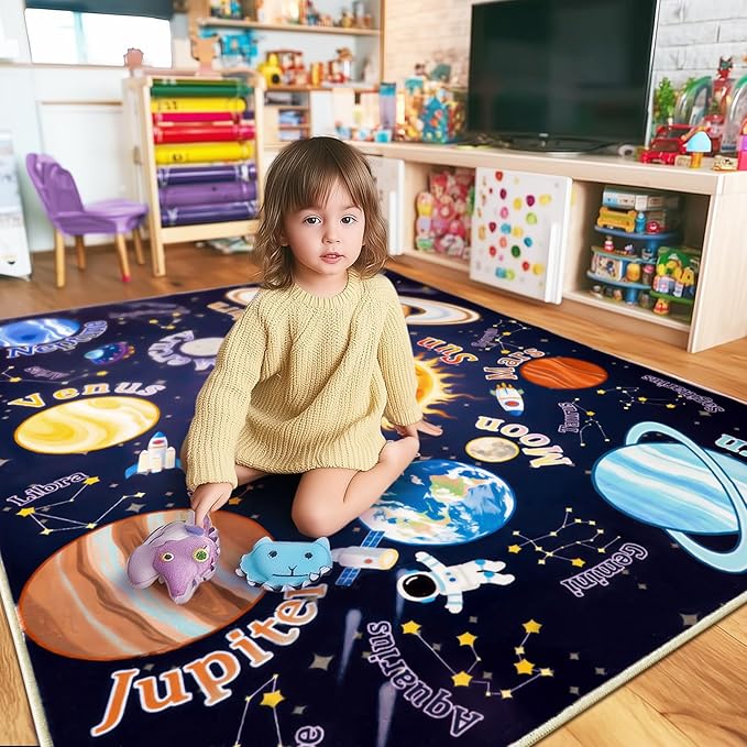 Kids Rugs for Playroom, 8x10 Feet Educational Rug for Learn The ABC Alphabet, Soft Machine Washable Non-Slip Cute Space Galaxy Carpet for Classroom Toddler Nursery Kids Room Decor Mat