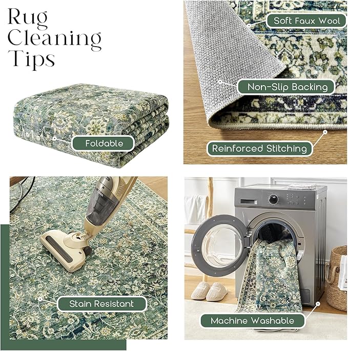 9x12 Area Rugs Washable Rug for Living Room Big Bedroom Under Bed,Faux Wool Soft No Slip Floral Boho Vintage Extra Large Carpet for Dining Room Under Table,9 by 12,Emerald Dark Green