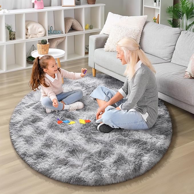 EVOIONOS Tie-Dyed Light Grey Round Rug Living Room, 6x6 Ft Fluffy Soft Circle Area Rugs Bedroom, Plush Shaggy Circular Carpet Indoor Floor Bedside Kids Nursery, Machine-Washable Home Decor Aesthetic