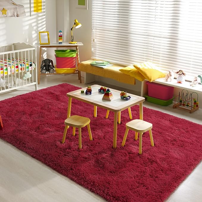 BENRON Fluffy Rugs for Living Room 5x8 Wine Red, Washable Large Area Rugs for Bedroom Dining Table Office Kids Nursery Room, Washable Indoor Floor Carpets
