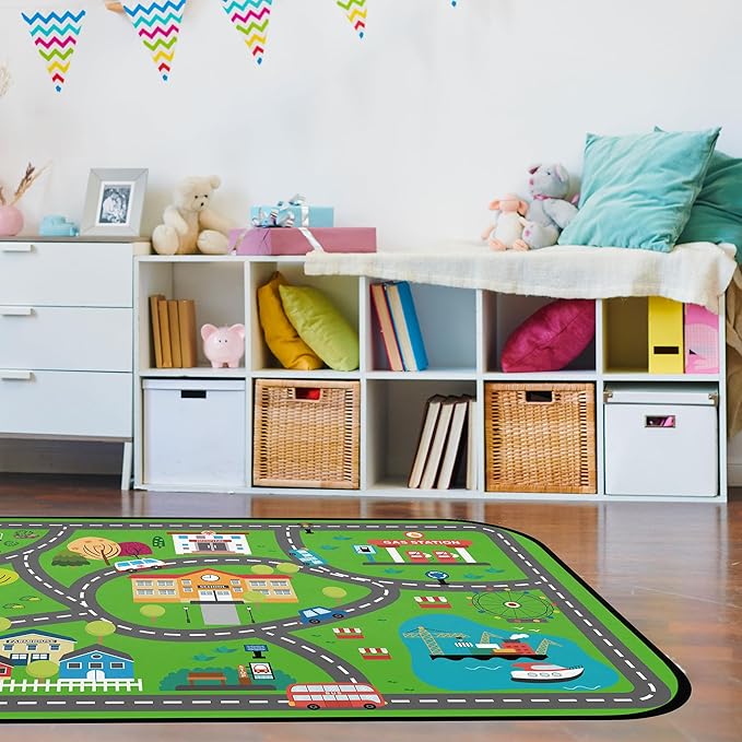Kids Car Road Play Rug - Town City Map Track Soft Non-Slip 2x3 Carpet Traffic Mat Washable Playroom Bedroom Boys Nursery Educational Area Rug Entrance Mats Playroom Classroom Decor (24"x 36")