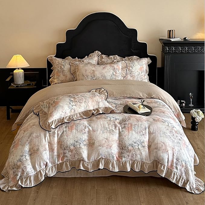 HighBuy Ruffle Linen Duvet Cover Set Twin Beige 100% French Yarn-Dyed Cotton Linen Bedding 3pcs Set,Chic Cottagecore Soft Breathable for Hot Sleepers 1 Duvet Cover and 2 Pillowcases