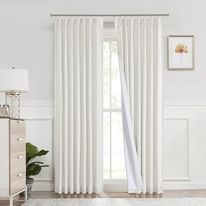 Central Park Pinch Pleat Full Blackout Curtain Panel Linen Texture Thermal Insulated Drapery with Full Blackout Liner for Farmhouse Bedroom Window Treatment Sets with Hooks, Natural, 40"x108"x2