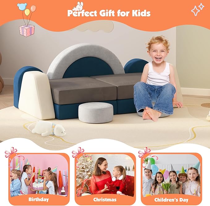 12 PCS Modular Kids Play Block Couch Child Sectional Soft Sofa Toddler Building Fortplay Climbing Bedroom Playroom Baby Convertible Floor Foam Cushion for Boys & Girls (Grey+Beige+Blue)