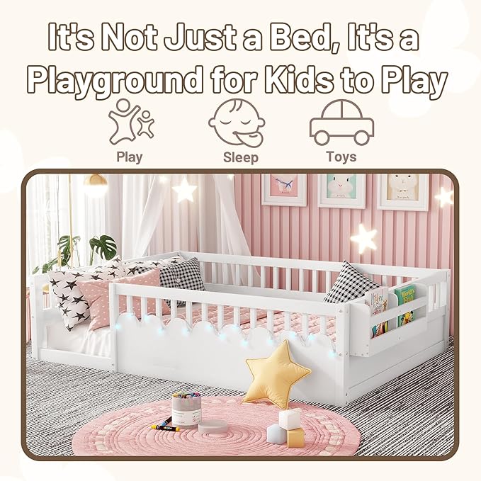 Full Toddler Floor Bed with High Rails, Wooden Montessori Bed Frame with Light and Storage Shelf, Full Size Bed Frame for Kids, Boys and Girls, White