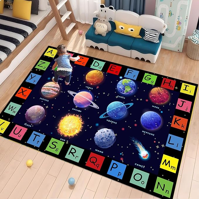 Solar System Planet Rug for Children's,5x7ft,Room Cartoon Space Playmat Rugs Preschool Education ABC Mat Low Pile Foldable Easy Clean Kids Mats Floor Playroom