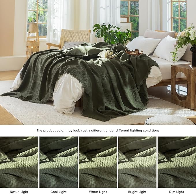 MooMee Muslin Blanket - 100% Cotton 4-Layer Gauze Throw Blanket with Tassels Ultra-Soft Breathable Lightweight Cooling for Bed Couch (Olive Green,Oversizedd Queen 98" x 98")