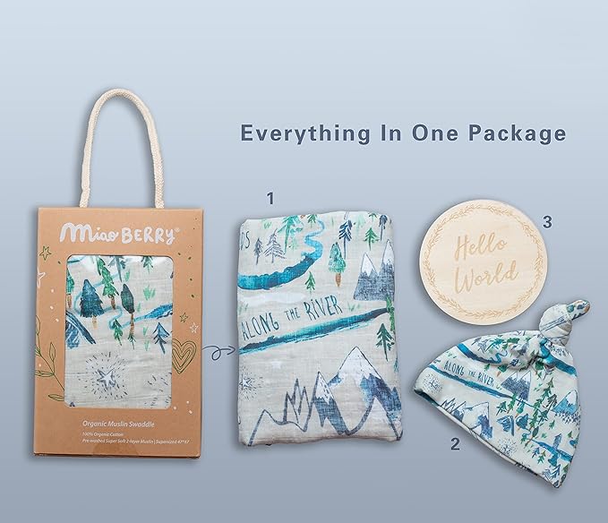 Miaoberry Mountain Baby Organic Muslin Swaddle Blankets for Baby Boy with Hat and Wooden Hello World Newborn Sign, Adventure Forest Theme, Newborn Photography Outfits Boy, Birth Announcement Sign