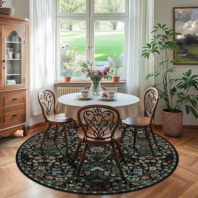 Round Rug 6ft Black Washable Floral Circle Rug,Vintage Boho Botanical Round Area Rugs, Non-Slip Soft Low-Pile Circular Carpet for Bedroom,Kids Room,College Dorm,Home Decor