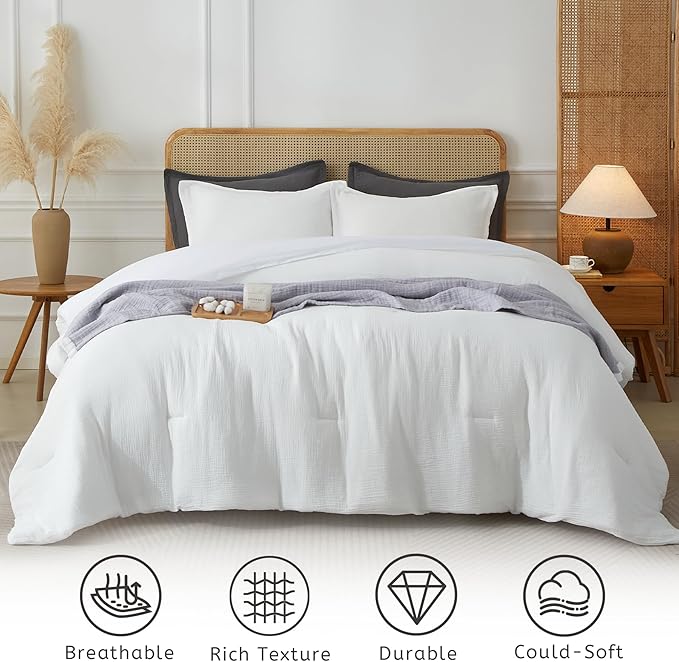 Muslin Comforter Set Queen Size, Cotton Cover & Polyester Filling, Breathable & Linen Like & Suitable for All-Season Use,3 Pieces(1 Comforter 90"x90", 2 Pillow Shams 20"x26"), White