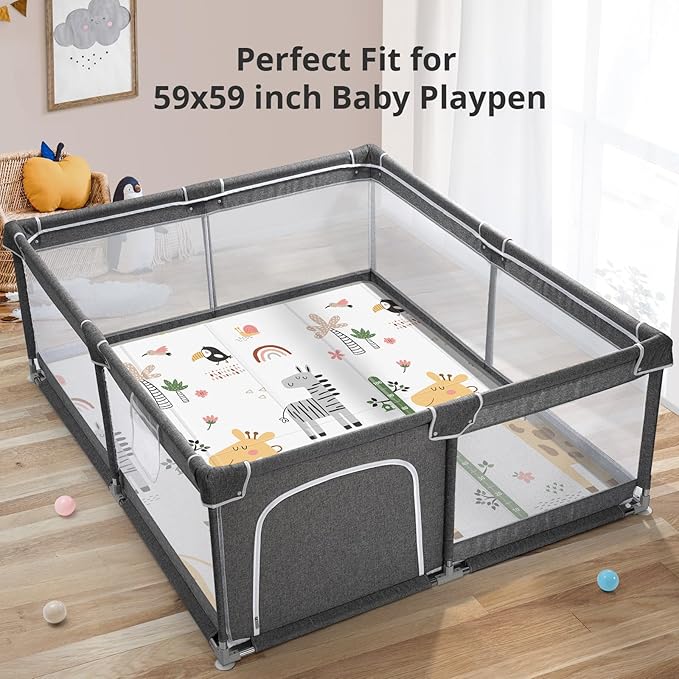 Baby Play Mat, 59"x59", Foldable, Reversible, Waterproof, Non-Toxic, Multi-Color