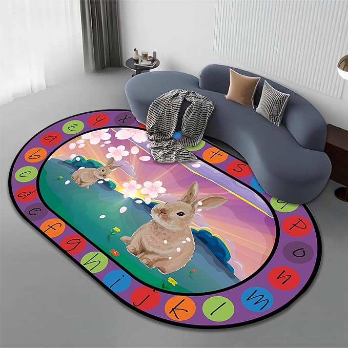 Rabbit Print Area Rug, 4x5ft, Bunny Sakura Flower Easter Floor Mat, Educational and Fun Rugs with ABC Alphabet, Non-Slip Washable Kids Play Mat for Boys and Girls Home Decor