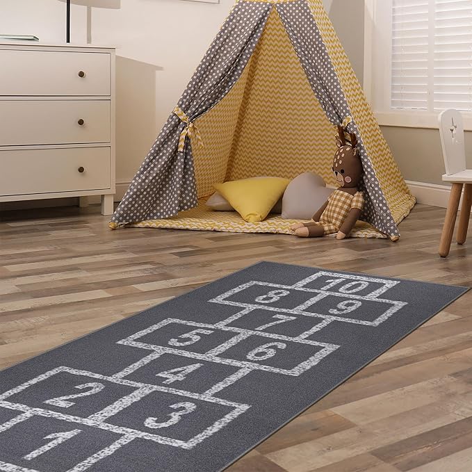 Ottomanson 2'7" x 6' Hopscotch Kids Rug - Play Mat for Playroom, Bedroom, Daycare & Classroom - Fun & Interactive Game Carpet - Durable and Non-Slip - Perfect for Learning & High-Traffic Areas, Gray