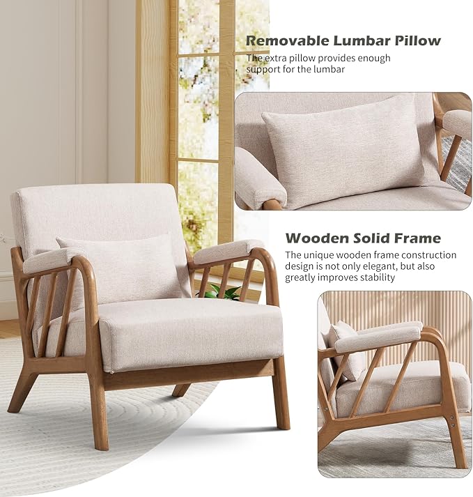Mid Century Modern Accent Chair with Solid Wood Frame, Upholstered Living Room Chairs with Lumbar Cushion Padded Arms, Reading Armchair for Bedroom Set of 2, Linen Beige