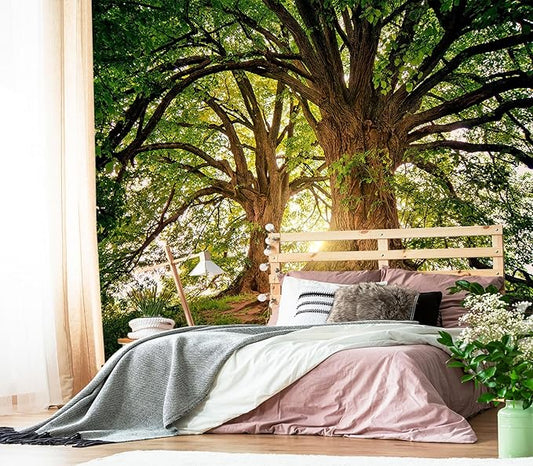 XMPMBM-Sunshine Forest backsplash Decorative Wallpaper Large Tree Bedroom Bathroom Wall Mural- W 132" X H 92"（93 Square Foot）