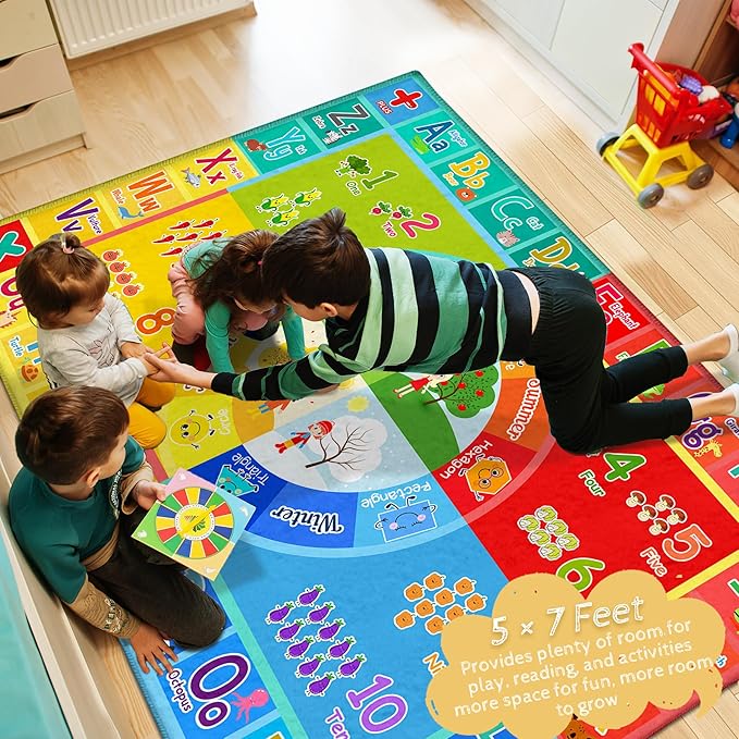 5x7 Kids Rug for Classroom & Playroom - ABC Alphabet Educational Area Rug with Animals Numbers & Colors - Non-Slip Carpet Playmat for Nursery Preschool Elementary