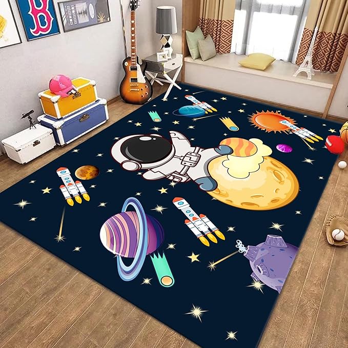 3x5ft Kids Space Themed Area Rug - with Spaceman, Rocket and Planet Design, Non-Slip Washable, Easy Care Rug, Suitable for Kids Playroom, Boys and Girls Room Decor