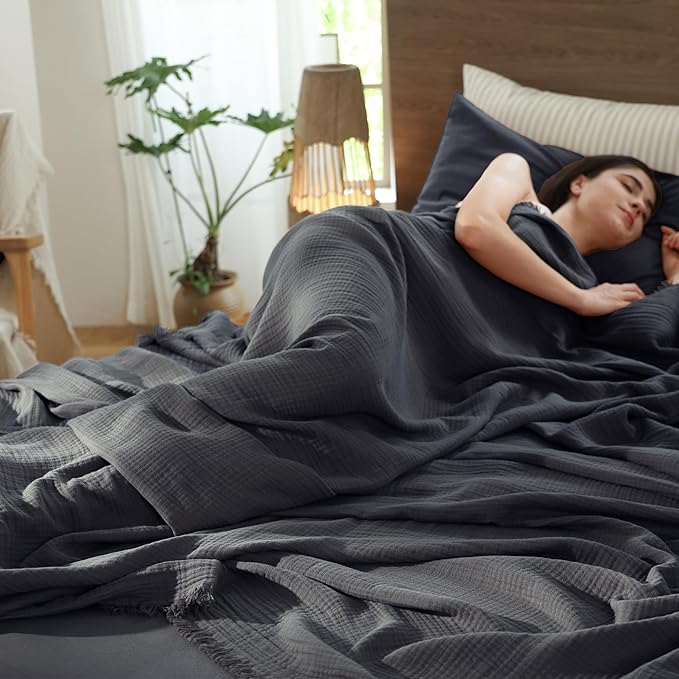 MooMee Muslin Blanket - 100% Cotton 4-Layer Gauze Throw Blanket with All-Around Fringe, Ultra-Soft Breathable Lightweight Cooling Decorative for Bed, Sofa & Couch (Dark Grey,Twin XL 66" x 90")